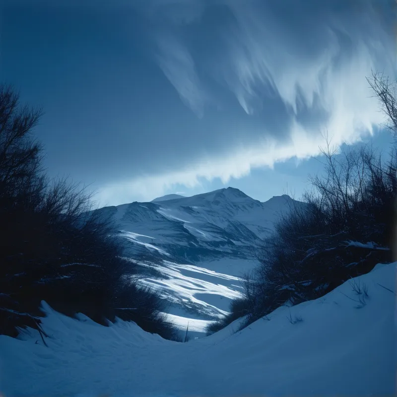 Snowy alpine peaks rise above a dark treeline valley beneath a sky streaked with wispy clouds in cool blue tones.