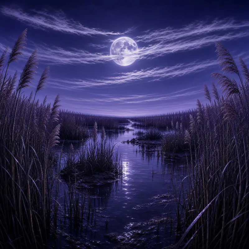 A marsh with tall reeds and calm water under a bright full moon, surrounded by a purple night sky with wispy clouds
