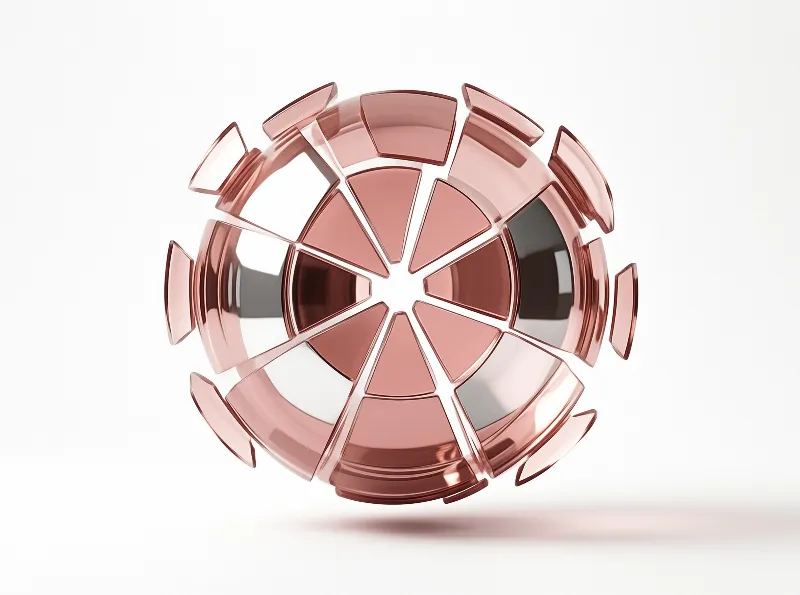 Rose gold segmented spherical object floats over blank white background, casting a soft shadow under its faceted outer layers.