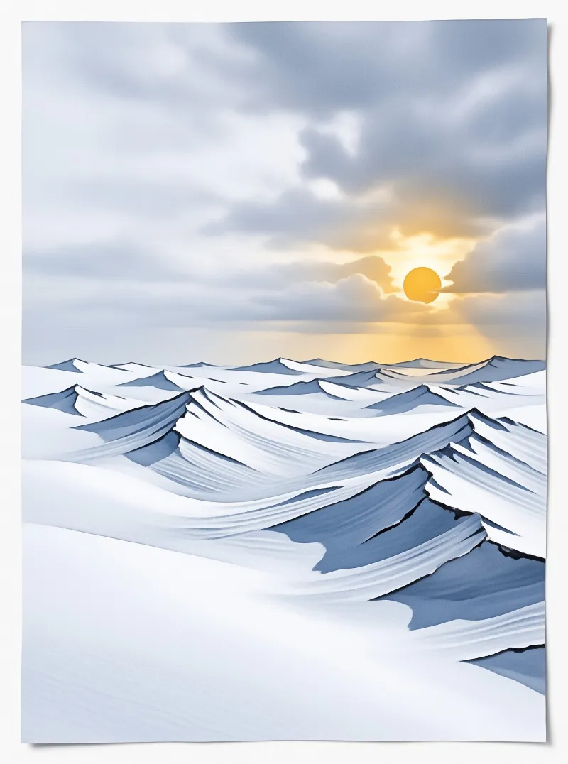 White undulating snow dunes stretch out toward a warm yellow sun that breaks through layered grey clouds on the horizon.