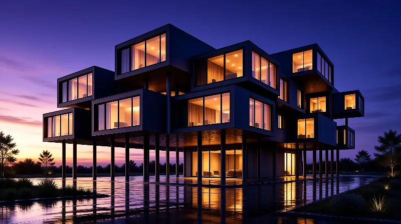 Geometric stilt house glows warmly above a pool reflecting the purple twilight sky and orange interior lights.