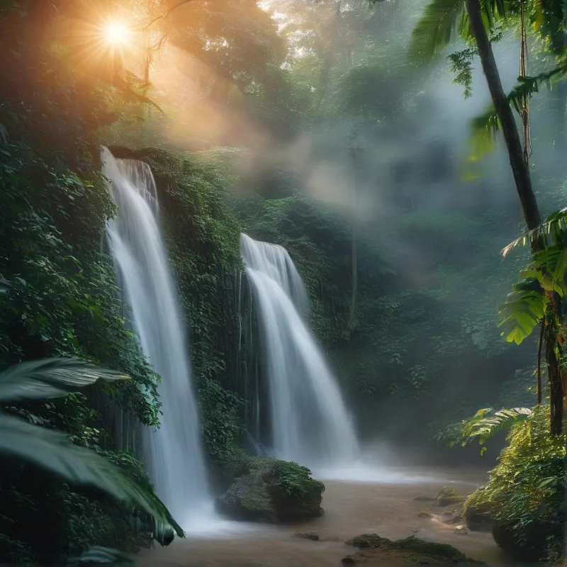 Two smooth streams of water cascade down a verdant cliff while bright sunbeams filter through the misty canopy.