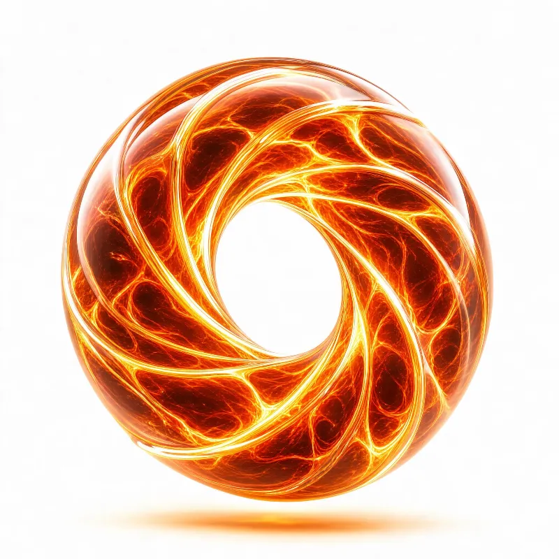 An abstract glowing torus with luminous orange and red swirling patterns against a plain white background