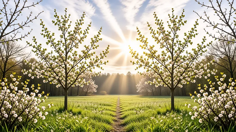 Two flowering trees flank a narrow grassy trail that leads toward a forest as sunbeams burst through a bright sky.