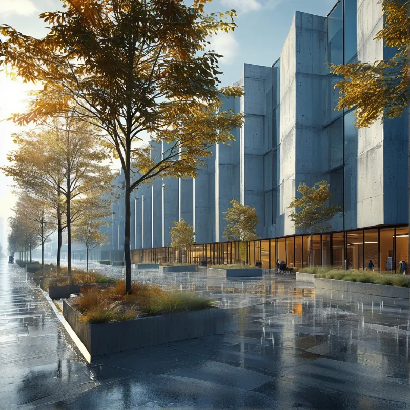 Raw concrete building with lower glass borders a wet plaza lined with golden autumn trees, warm sun reflecting on damp stone.