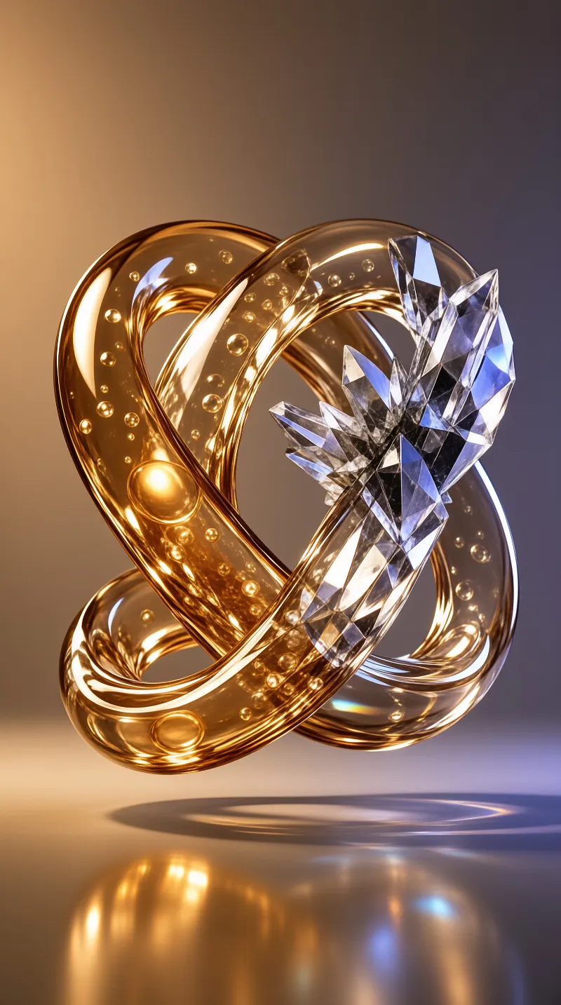 A golden twisted structure has a cluster of clear sharp crystals embedded in its side against a gradient background.