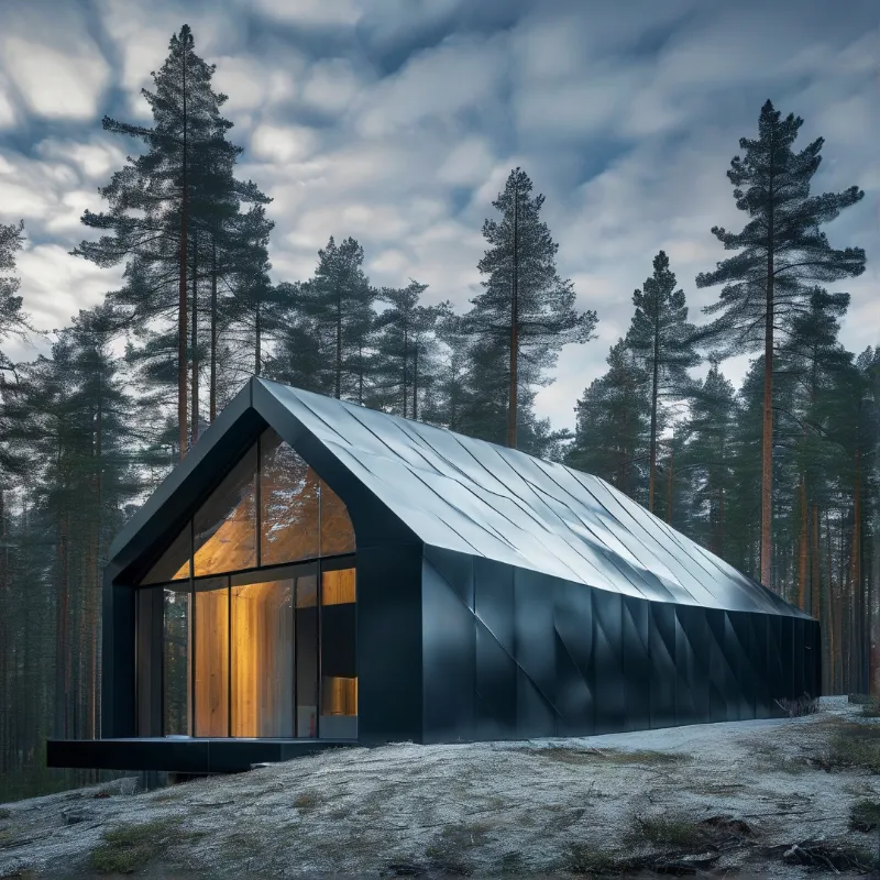 A sleek black structure with large glass windows stands among tall evergreen trees under a cloudy sky.