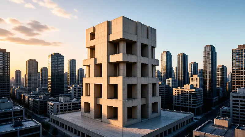 A unique block-like structure of light stone stands out against a backdrop of dark modern skyscrapers during a warm sunset.