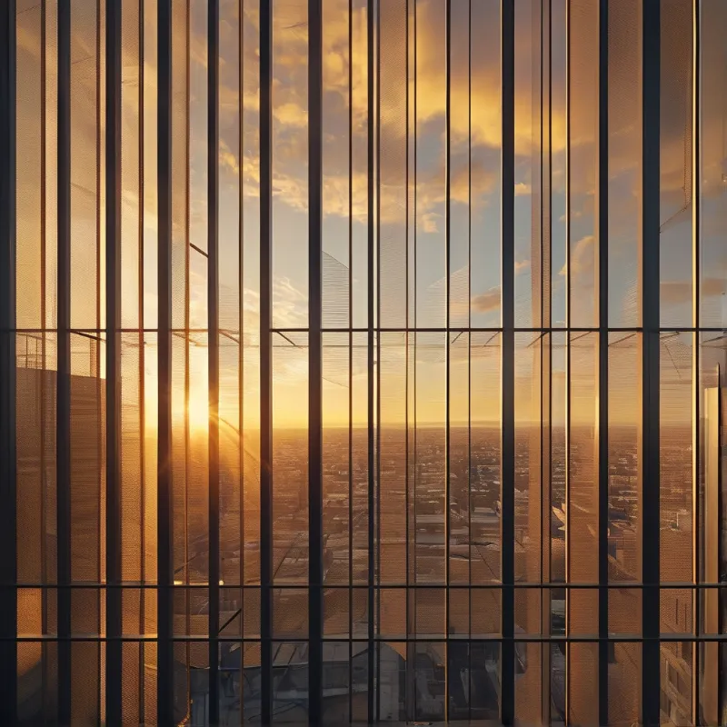 Vertical glass panels with dark frames display a distant cityscape bathed in warm orange sunset light.