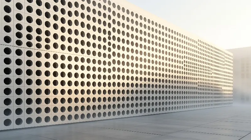 A long architectural wall covered in circular holes stands on a paved surface with foggy air in the background.