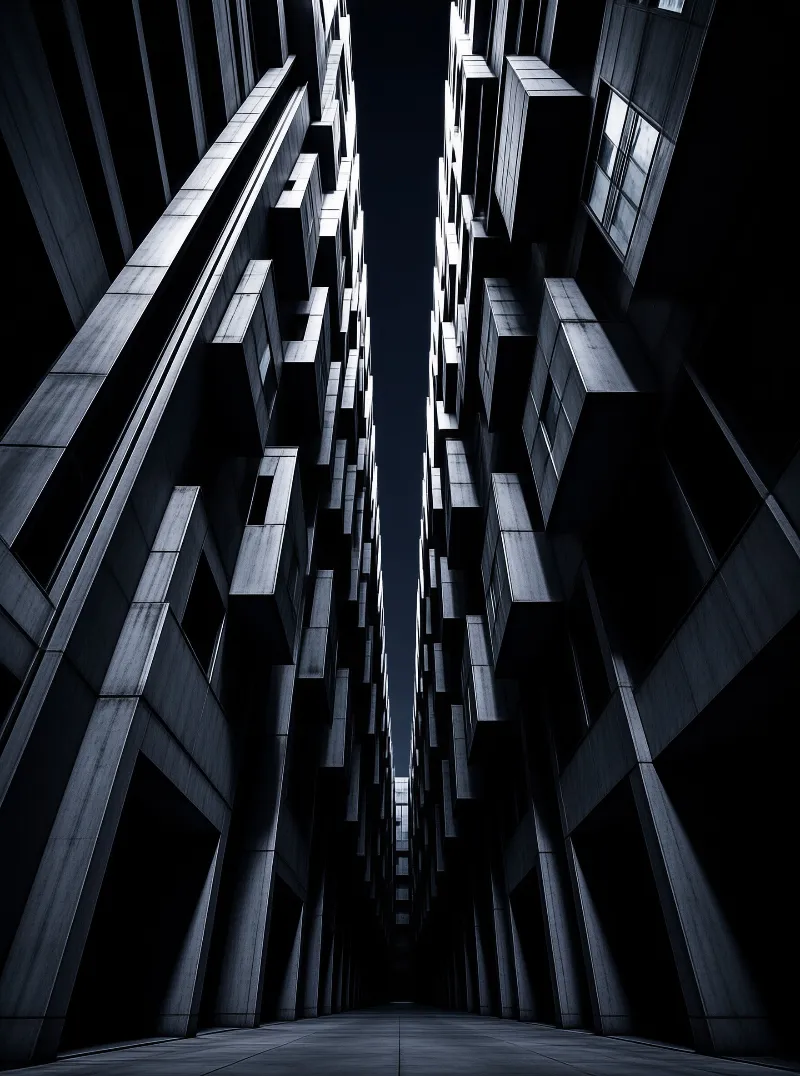 Low angle view of two brutalist concrete buildings with protruding blocks framing a narrow street under a dark sky.
