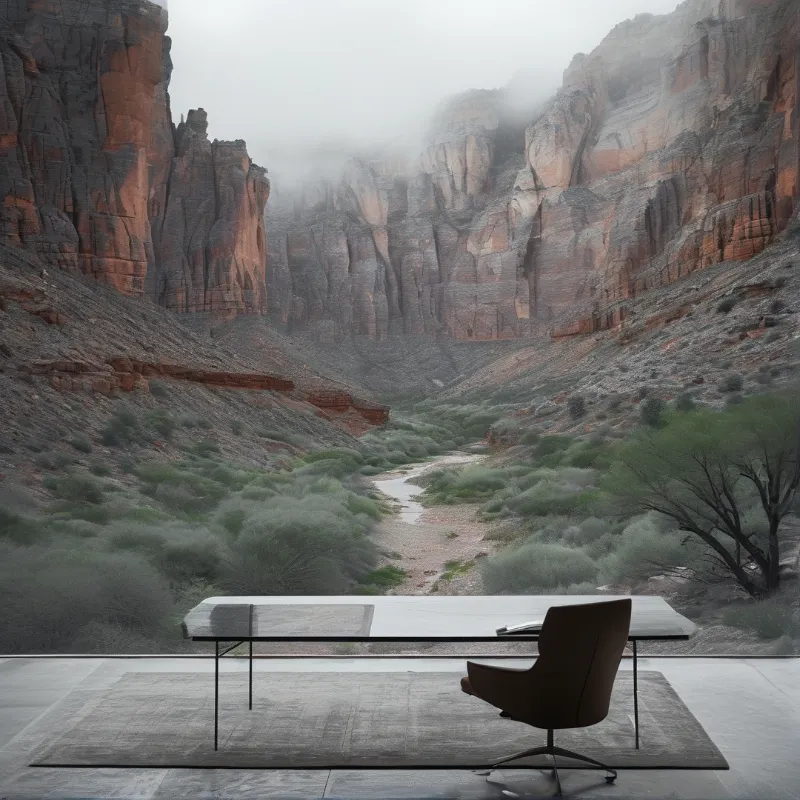 A minimalist desk and chair overlook a foggy red rock canyon with a winding river bed and sparse vegetation.