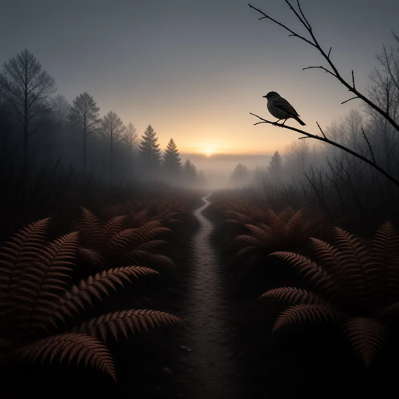 A small bird rests on a bare limb while fog drifts across a winding path through rust ferns.