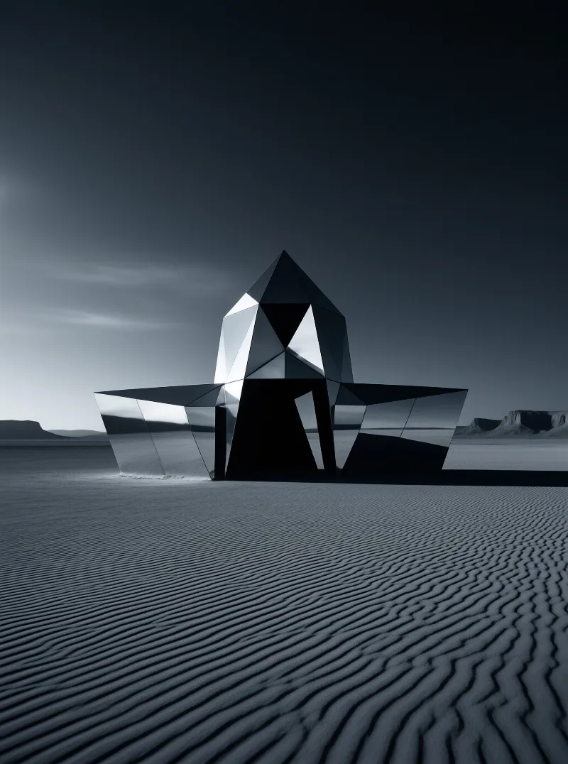 A geometric star-shaped sculpture with reflective facets rests on rippled sand under a dark overcast sky.