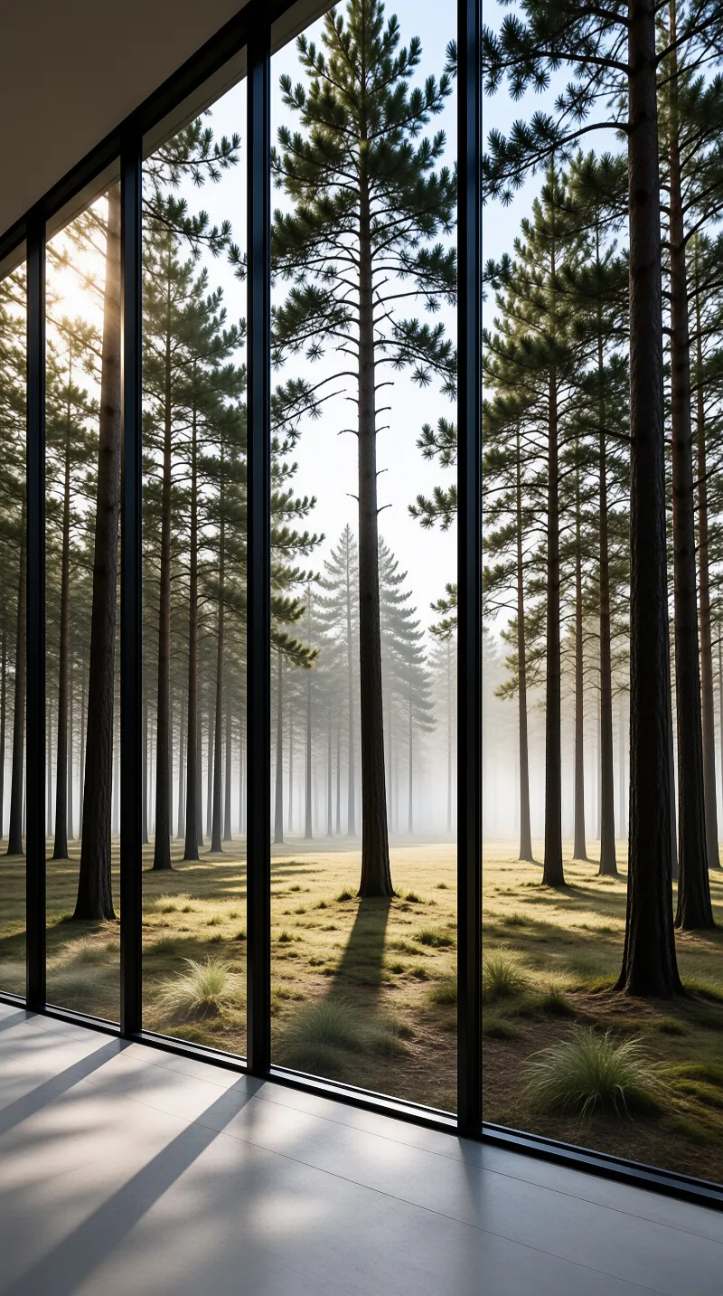 Tall pine trees stand in a misty forest outside a modern glass wall.