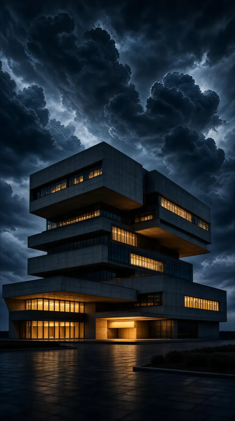 A concrete Brutalist building stands under dark, stormy clouds with warm light glowing from its windows.