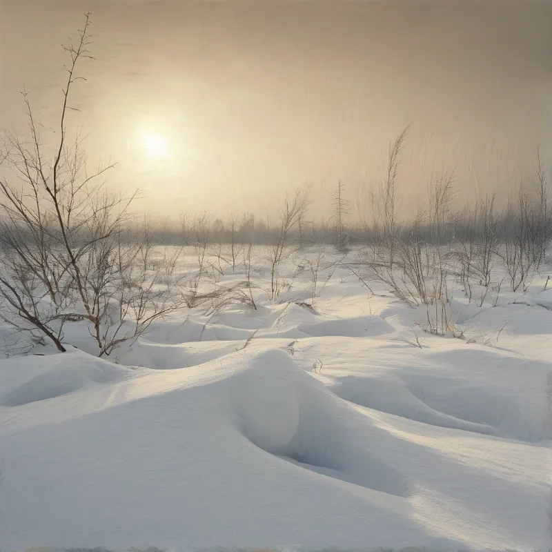 A snowy landscape features undulating white drifts and leafless trees under a bright hazy sun