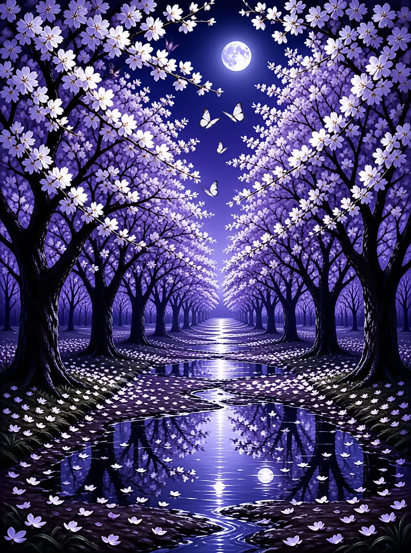 Rows of violet flowering trees arch over a still stream that mirrors the midnight moon.