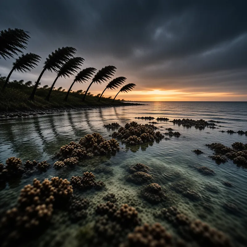 Wind-bent coconut palms line a tropical coast as the sun sets over calm water dotted with coral.