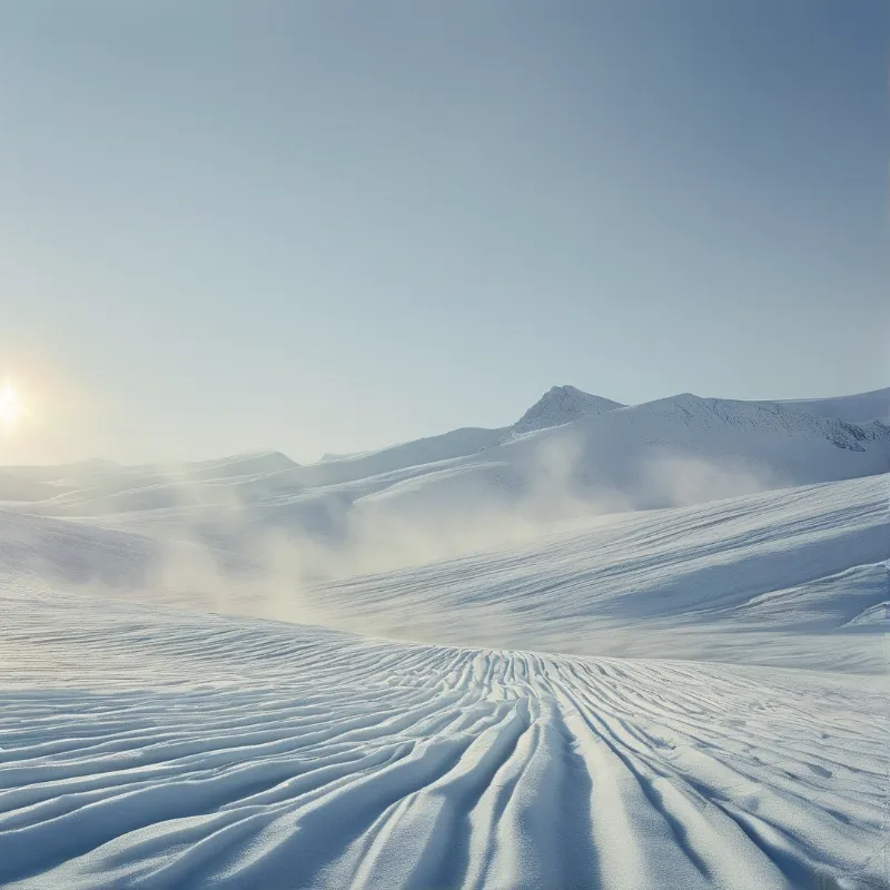 Vast white drifts ripple across the foreground leading back to distant peaks under a bright sky.