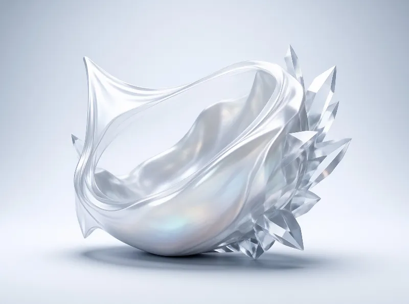 A pearlescent folded membrane unfurls beside a cluster of sharp transparent crystal blades.
