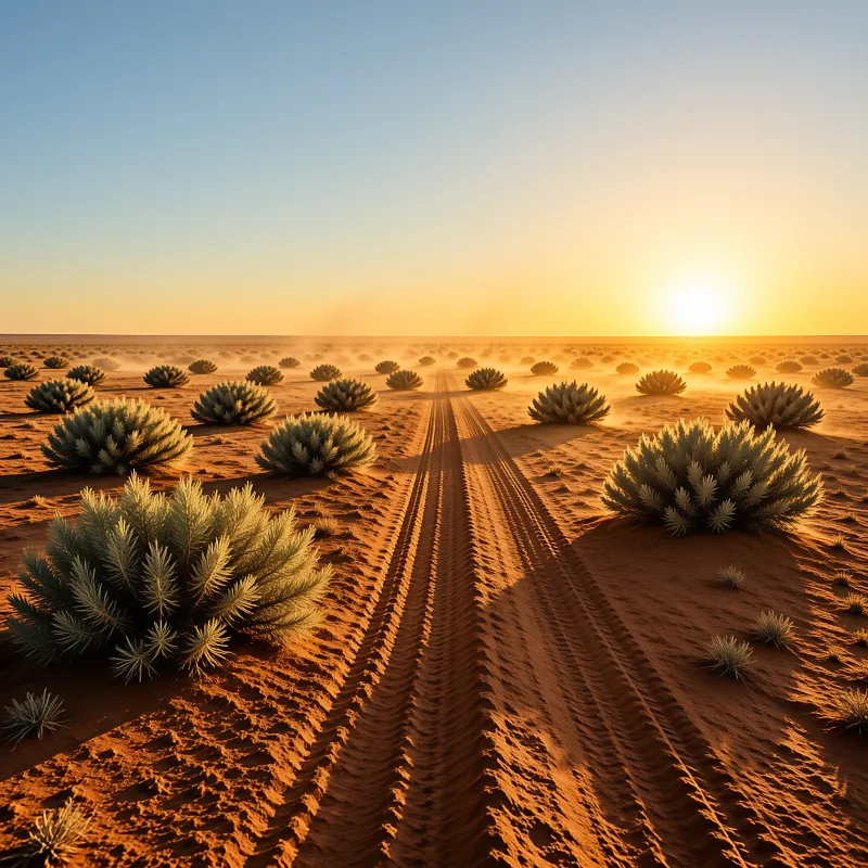 Winding tire tracks cut through sand dotted with low desert shrubs under a glowing orange sunrise sky.