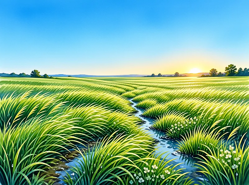 Bright green grass surrounds a narrow stream flowing toward a glowing sunrise on the horizon.