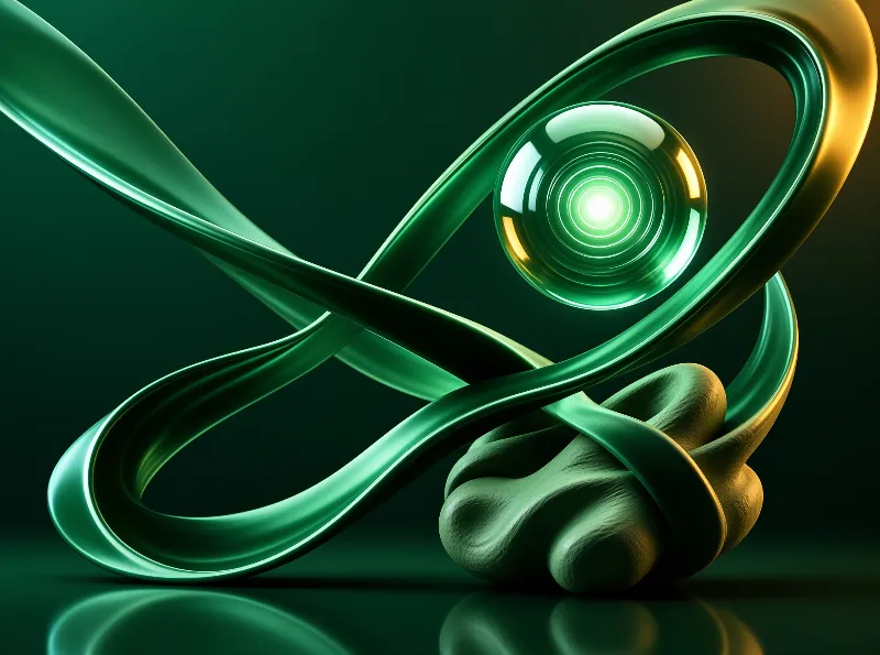Glossy green forms twist around a central lens shape with gold highlights reflecting on a dark surface.