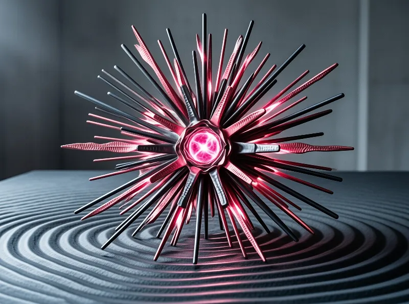 A spiky 3d sculpture of crimson and chrome rods bursts outward from a luminous pink central orb.