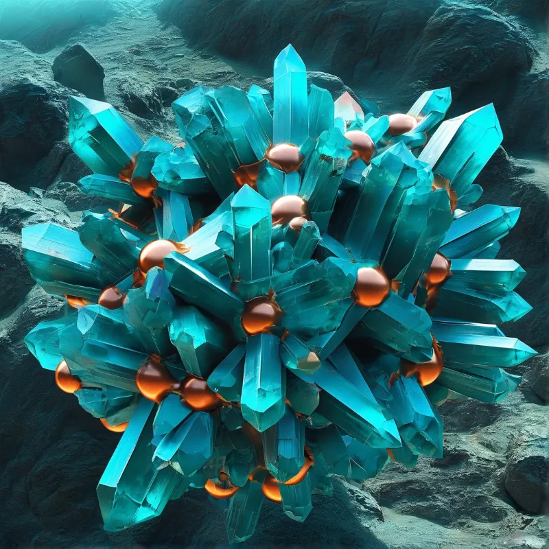 Translucent turquoise prisms burst outward from dark rock, their joints beaded with glowing orange metal.
