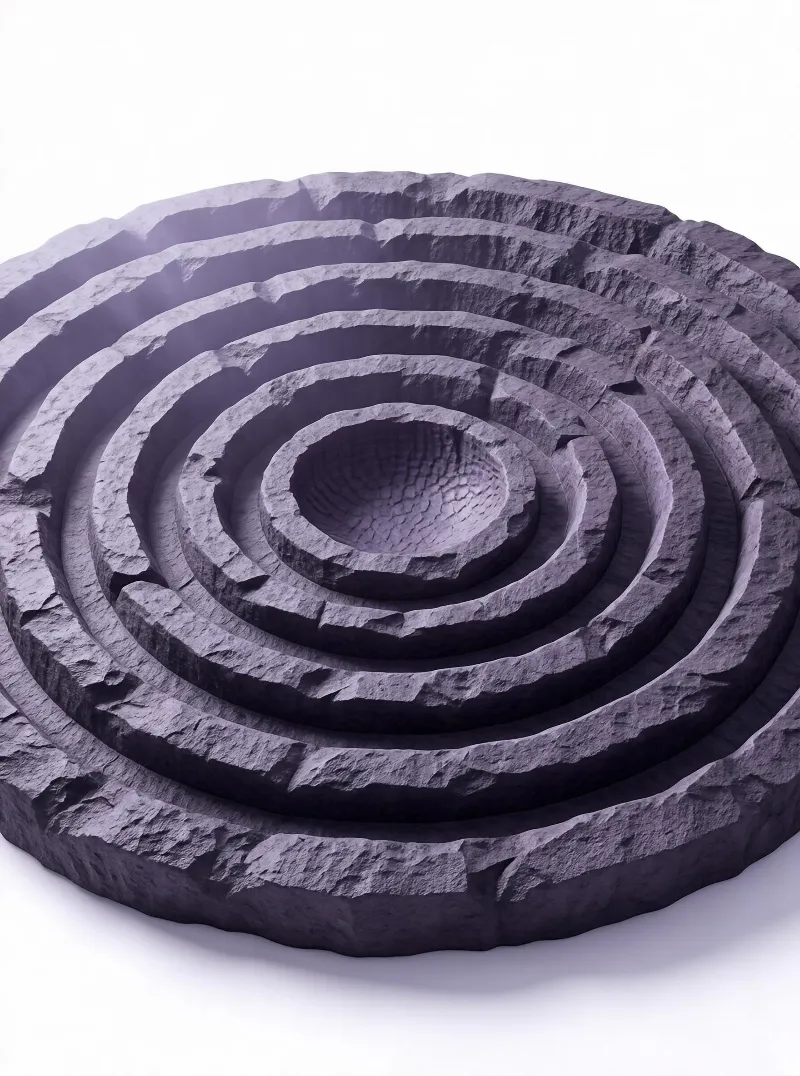 A dark gray circular stone structure with multiple concentric rings forming a labyrinth, set against a plain white background