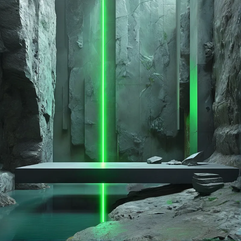 A dark floating slab rests in a rocky chasm while vertical neon green lasers cut the air and reflect off the water below.
