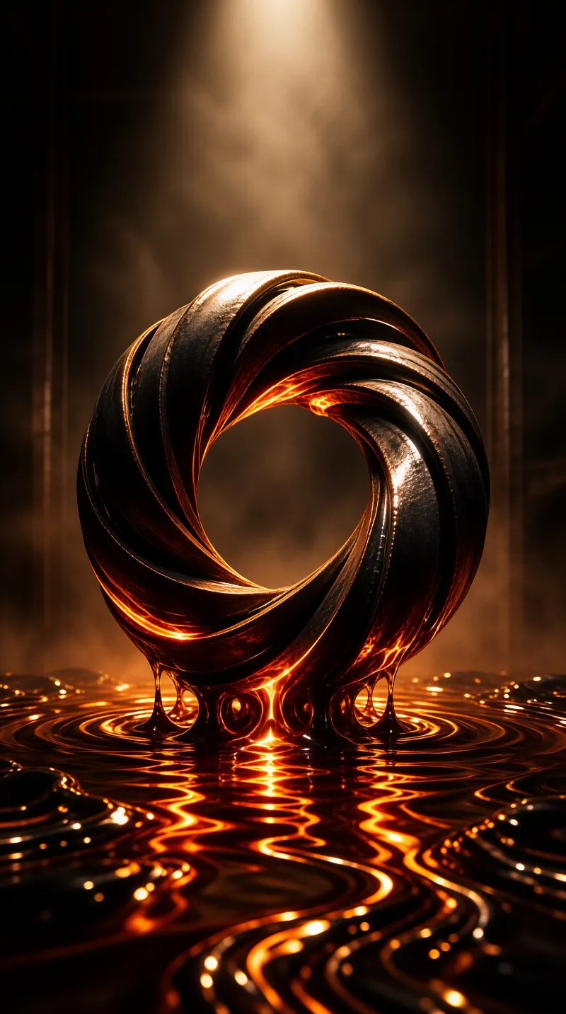 A twisted metal torus drips into a black mirrored surface, its grooves alight with amber fire under a hazy spotlight