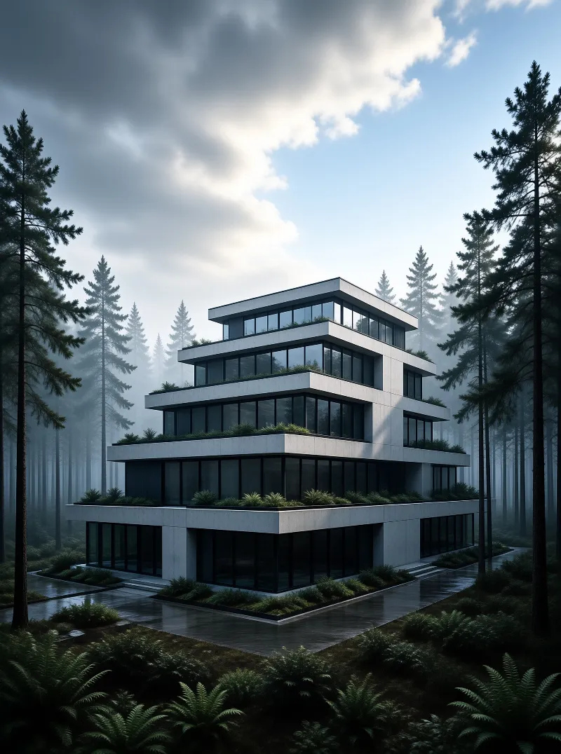 A tiered concrete residence with floor-to-ceiling glass windows sits surrounded by misty evergreen trees under a cloudy soft dusk sky