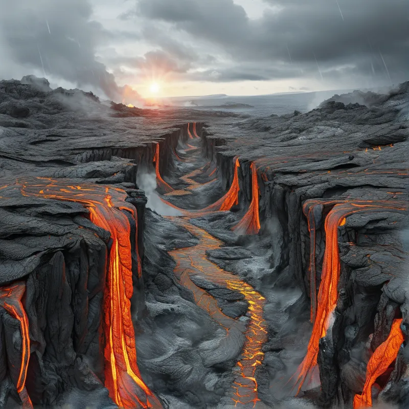Bright orange lava streams cascade down jagged black cliffs into a deep volcanic channel under a cloudy sky.