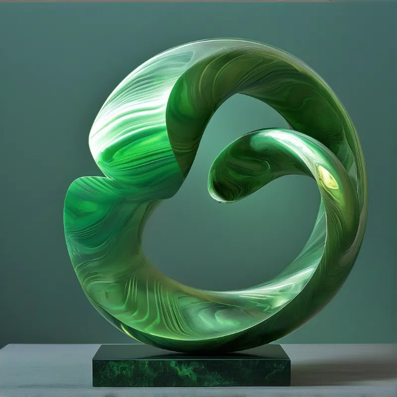 A glossy translucent green spiral glass sculpture sits on a veined dark marble plinth against a muted teal backdrop.