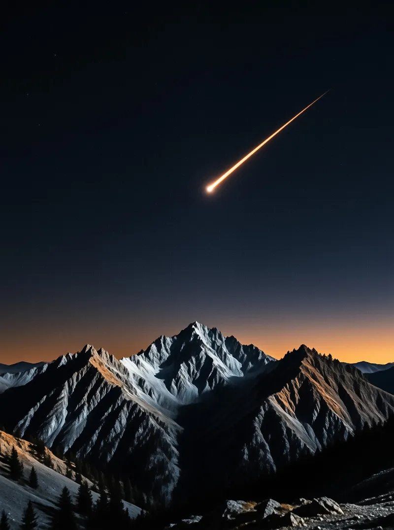 A bright orange meteor trail crosses the dark sky above jagged snow covered mountain peaks illuminated by a warm horizon glow.