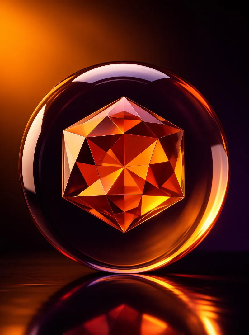 A faceted geometric shape suspended within a translucent orange ball resting on a reflective surface under amber lighting.