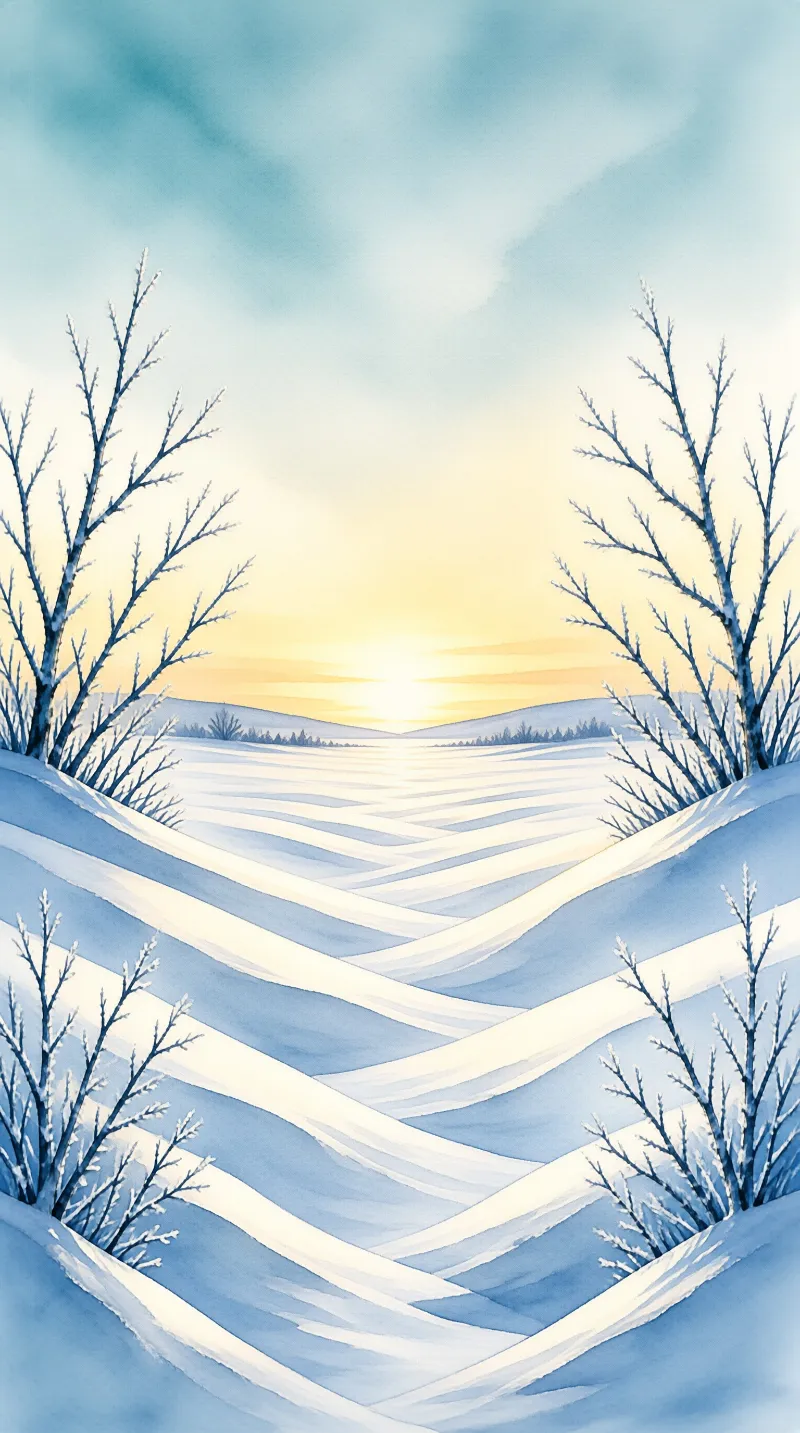 Bare branches stand in the foreground of rolling snow covered hills stretching toward a warm glowing horizon.
