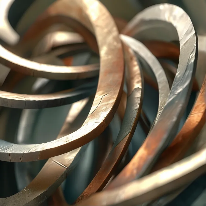 Abstract bronze strips twist together in a knot with reflective highlights and deep shadows.