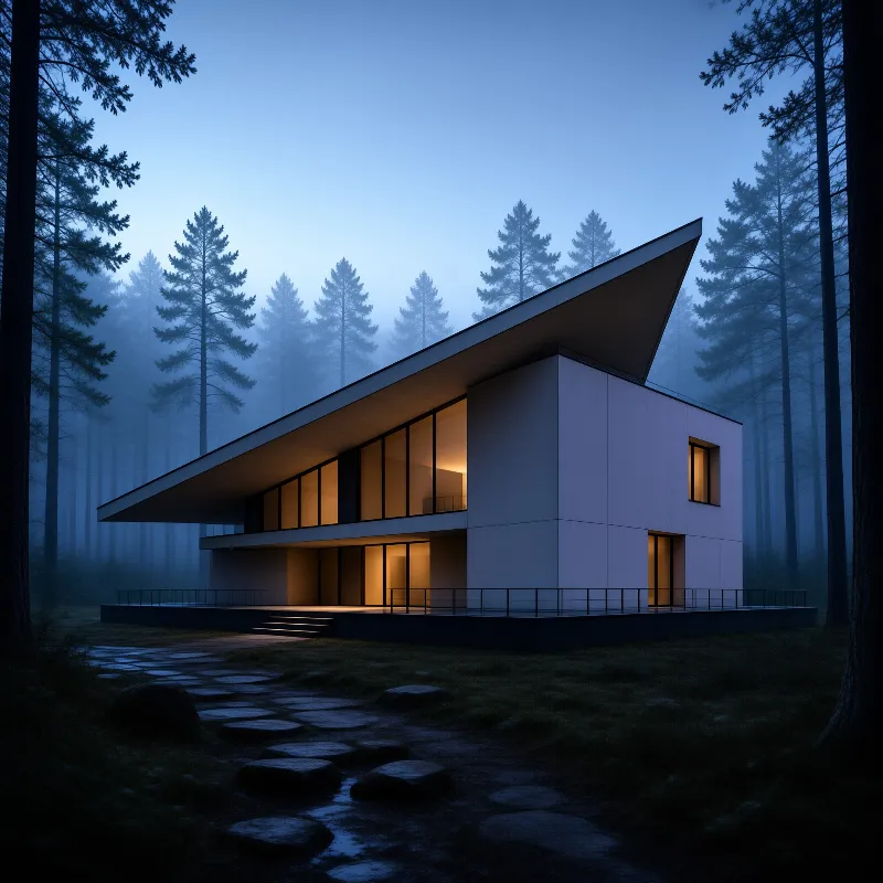 A sharp winged roof shelters warm glowing rooms inside a misty stand of tall conifers.