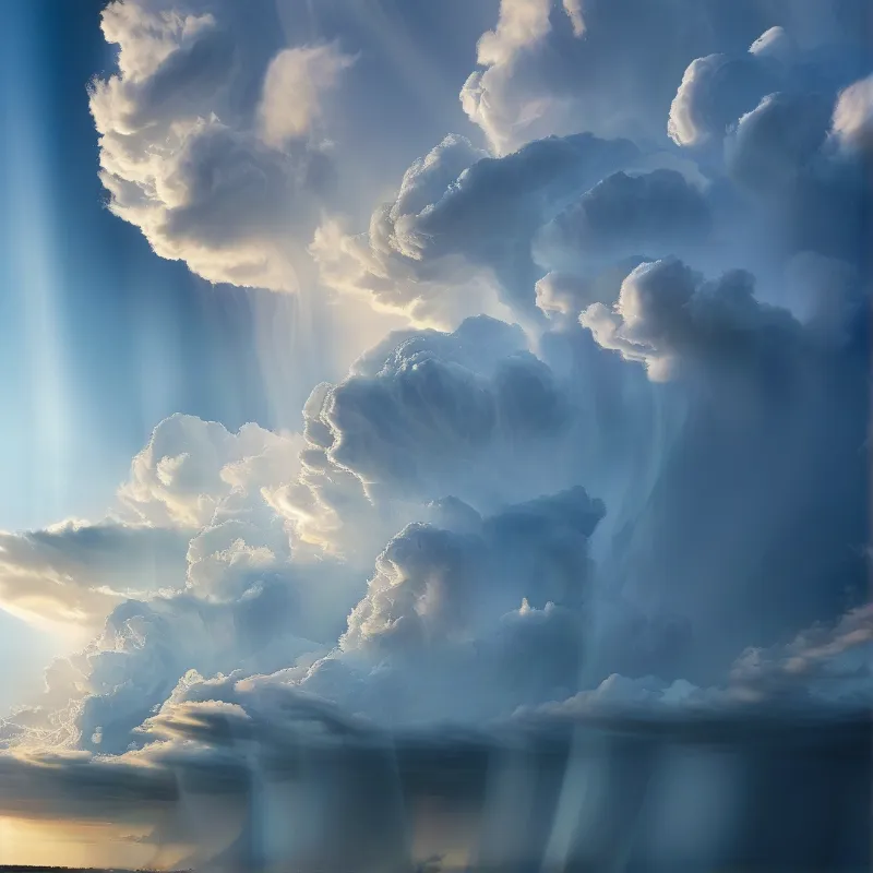 Towering white and grey cloud formations fill the frame as sunbeams slant down toward a warm glowing horizon.