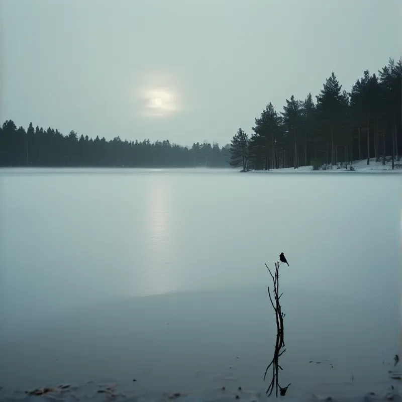 A small black bird sits on a thin branch rising from calm water while a hazy sun shines over a distant forest.