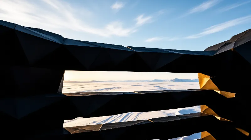 A black angular structure with low rectangular windows looks out over a pale salt plain toward far mountain ridges