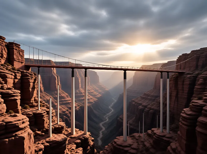 A long suspension bridge stretches across a deep red canyon illuminated by the warm light of the setting sun.