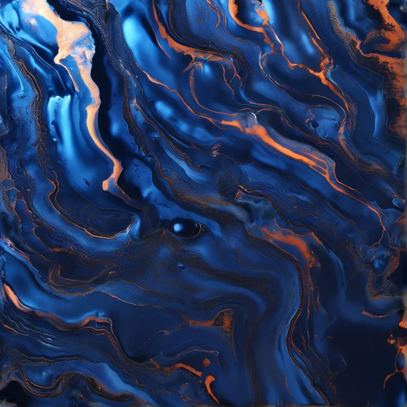 Swirling deep blue and warm orange patterns form a glossy surface with intricate veining and reflective highlights.