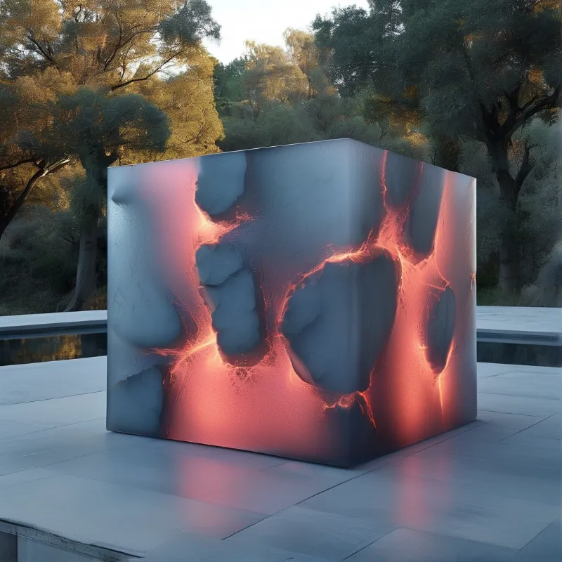 A dark stone cube split by glowing orange seams stands on a pale terrace backed by trees