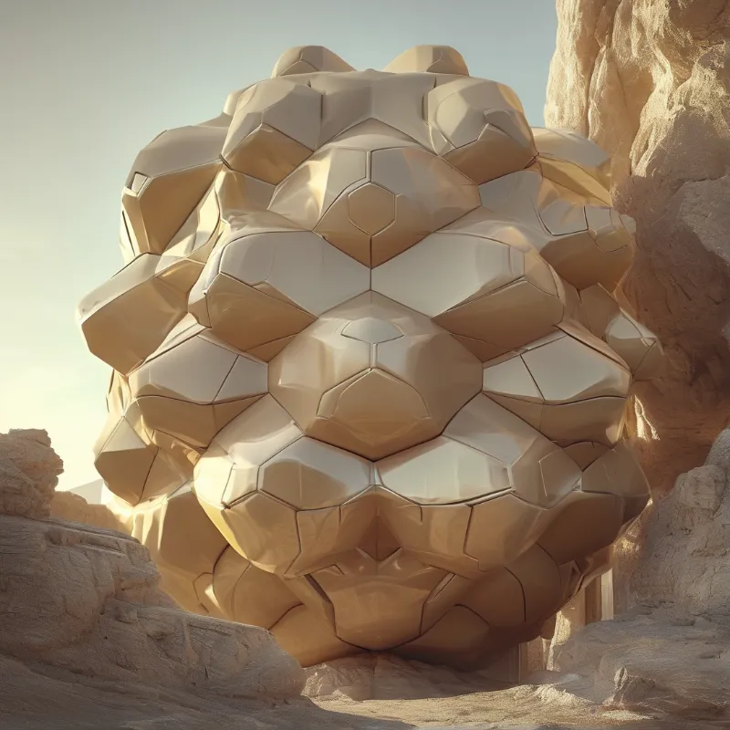 A massive faceted beige structure rests among natural rock cliffs illuminated by bright natural sunlight.