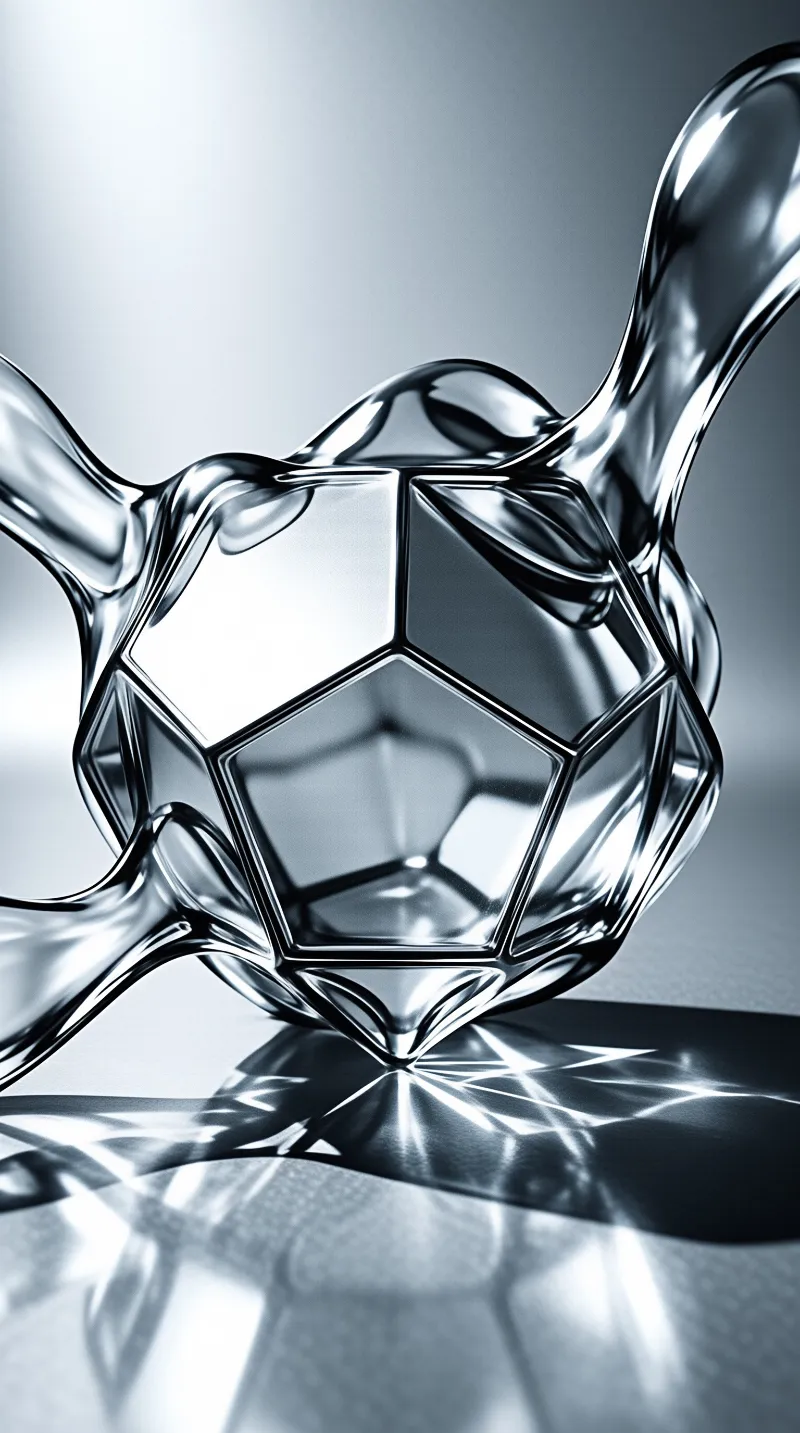 A shiny geometric polyhedron with flowing liquid extensions rests on a reflective surface under bright studio lighting.