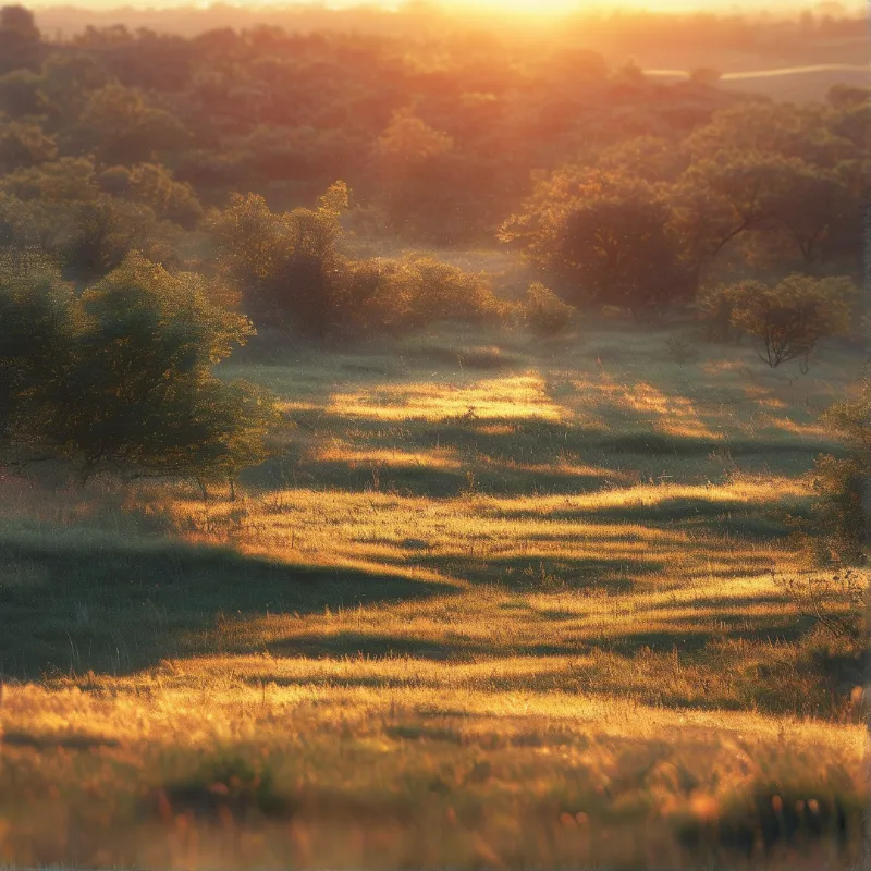 Warm sunlight bathes a grassy landscape dotted with trees casting long shadows across the ground.